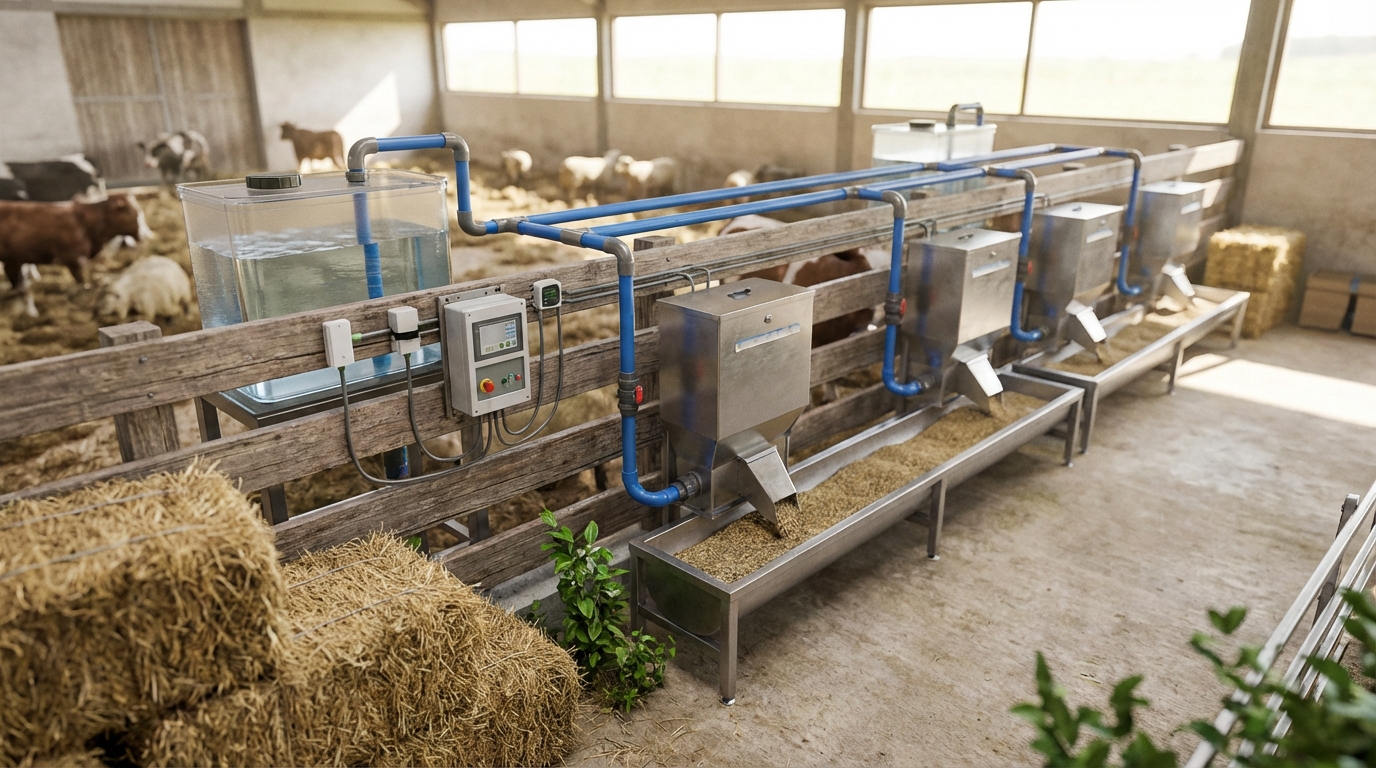 Схема автоматизированной системы подачи воды и корма на ферме