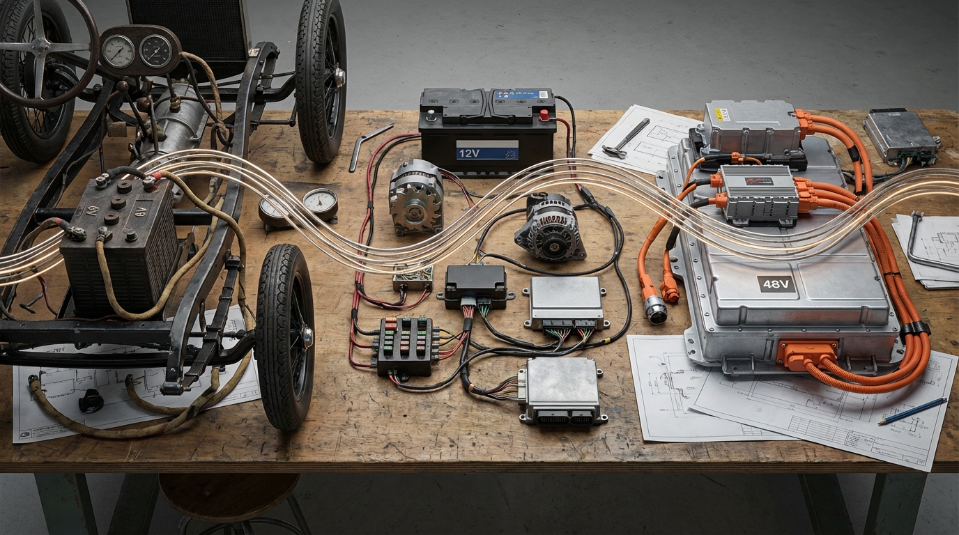 Схема эволюции бортовой электрической сети автомобиля от 6В до 48В