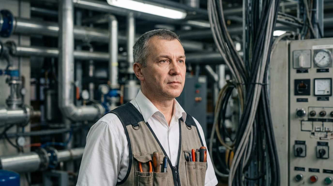 Сергей Воронин — портрет инженера в профессиональной среде с элементами инженерных сетей