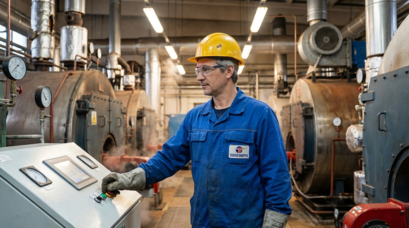 Сергей Козлов — профессиональное фото инженера в рабочей одежде на фоне оборудования котельной