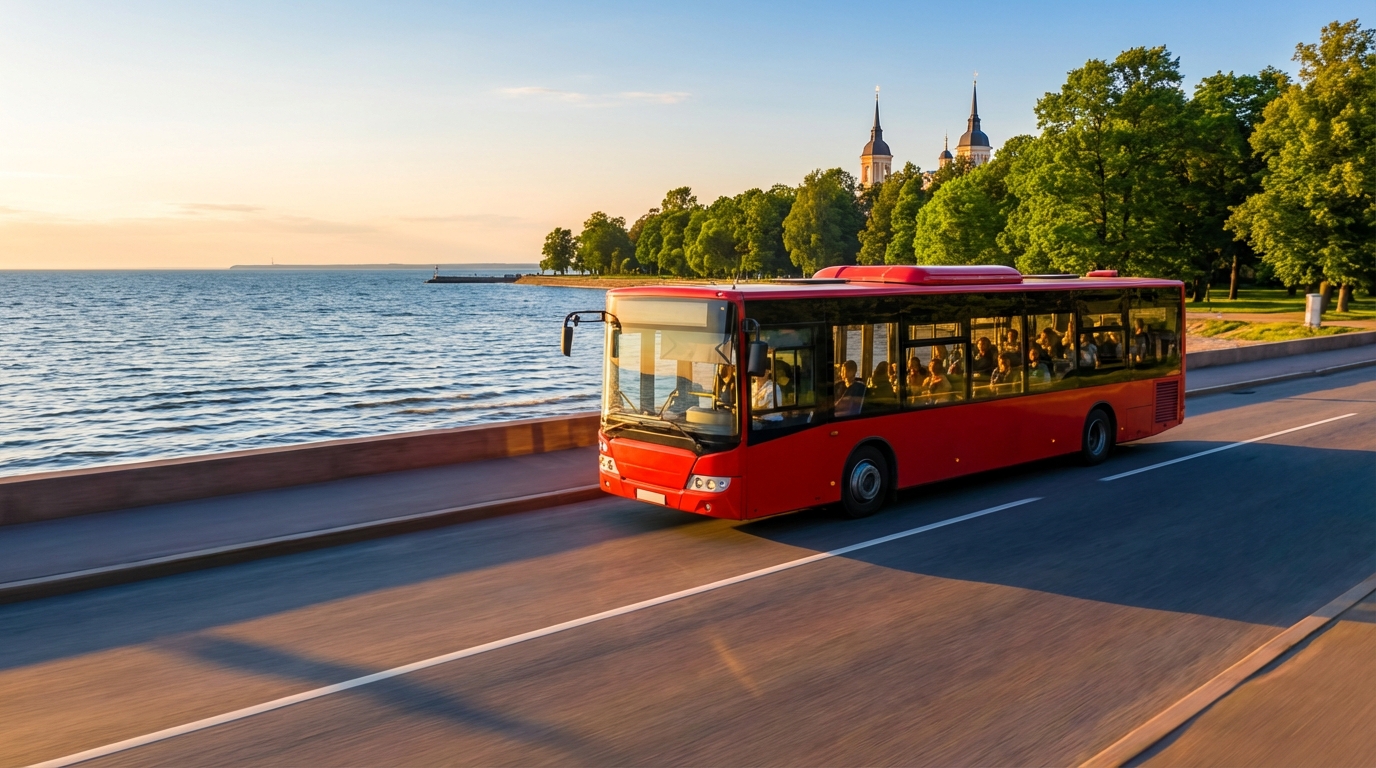 Автобус на пути к Петергофу с видом на залив