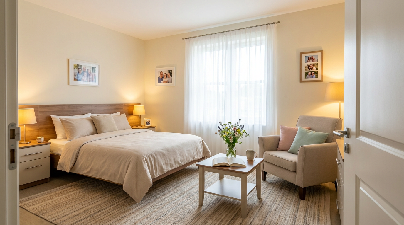 Уютная комната в пансионате для пожилых с современной мебелью