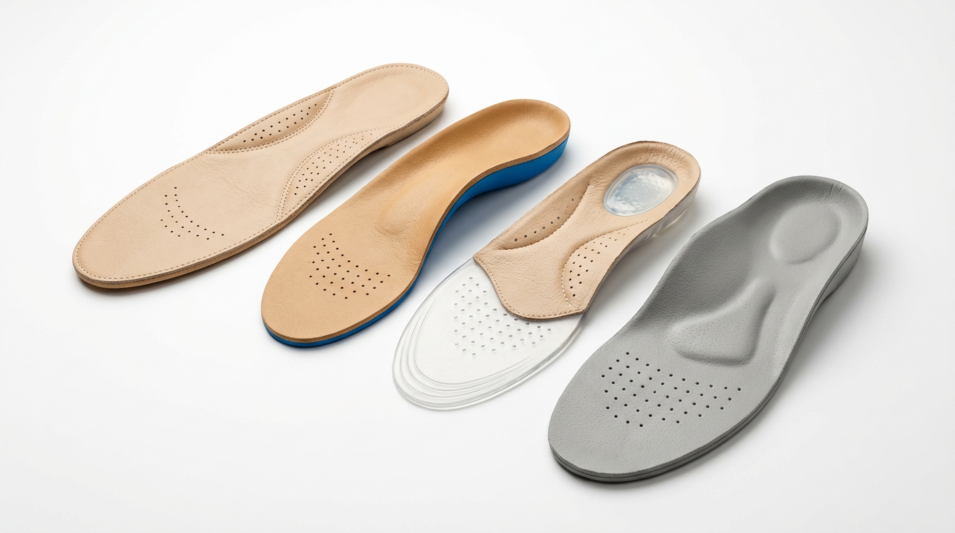 Различные типы ортопедических стелек на белом фоне