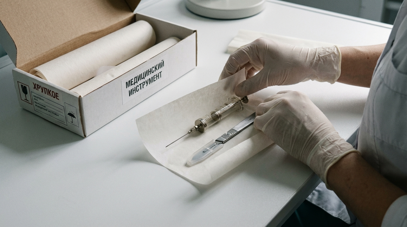 Бумажная упаковка для хрупких медицинских инструментов в процессе подготовки к транспортировке