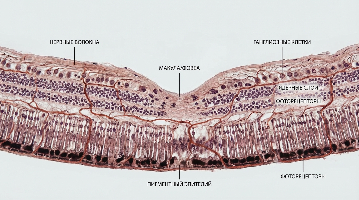 Схема строения сетчатки глаза
