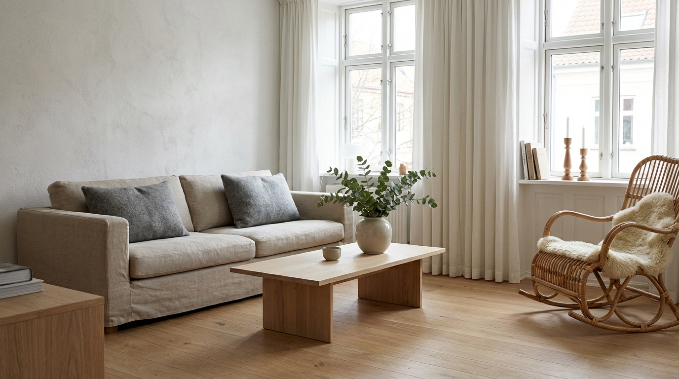 Гостиная в скандинавском стиле с натуральными материалами и светлыми тонами