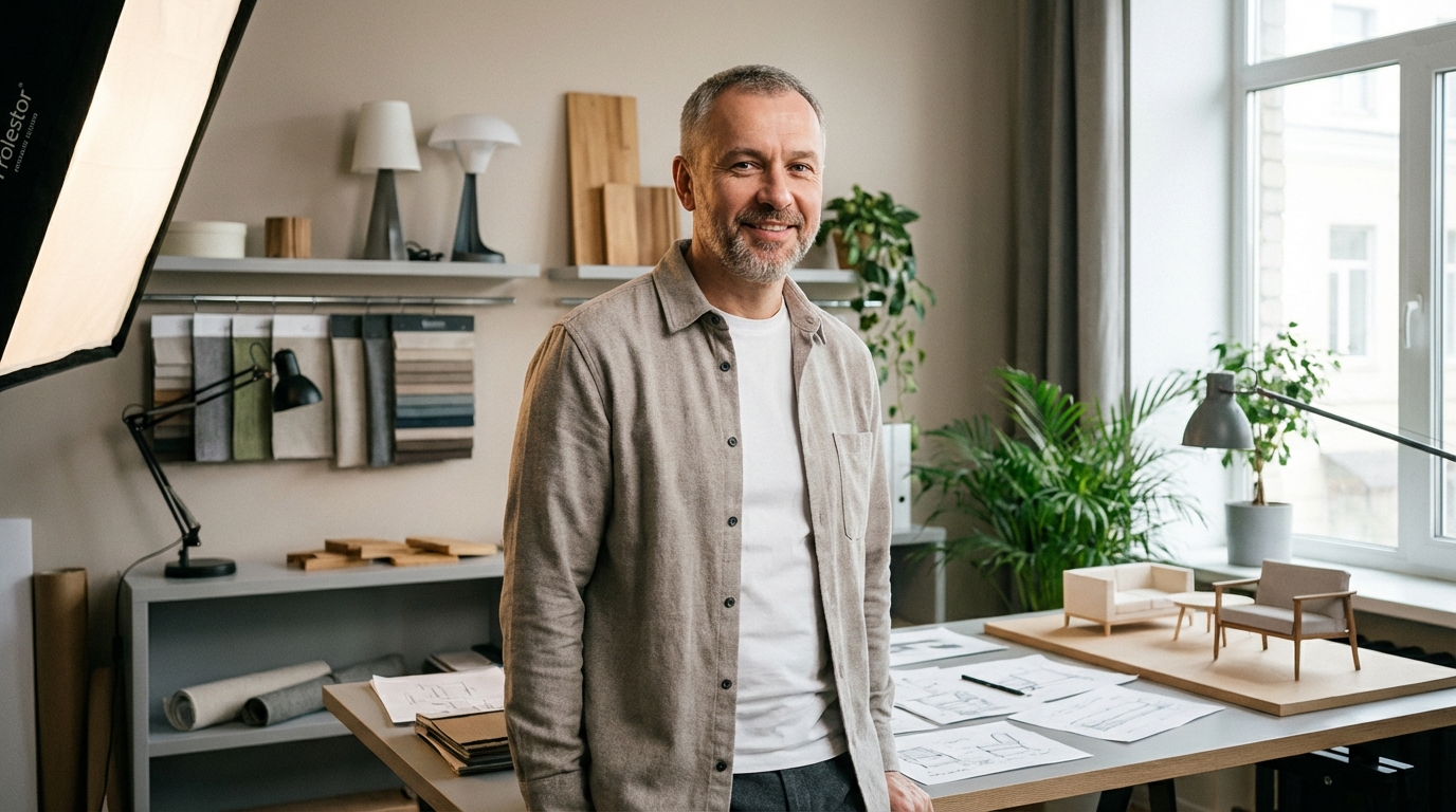 Сергей Кузнецов — портрет автора в студии с элементами интерьерного дизайна