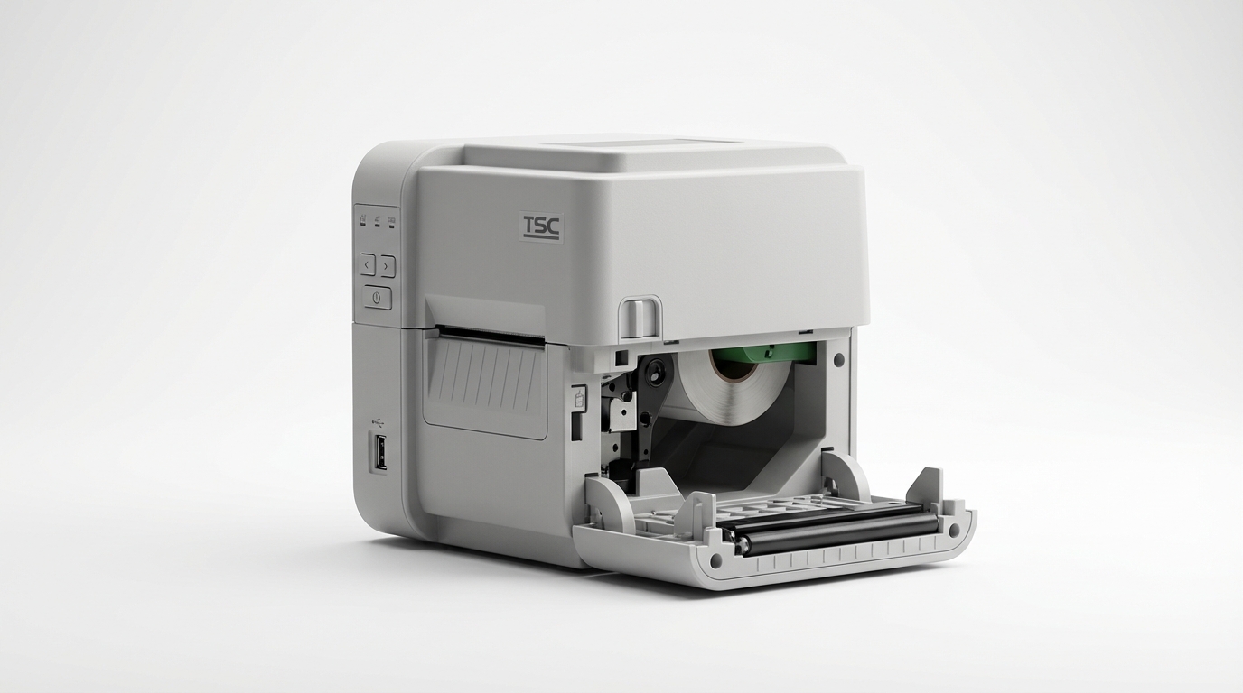 Боковой вид принтера TSC TE210 с открытым отсеком для этикеток