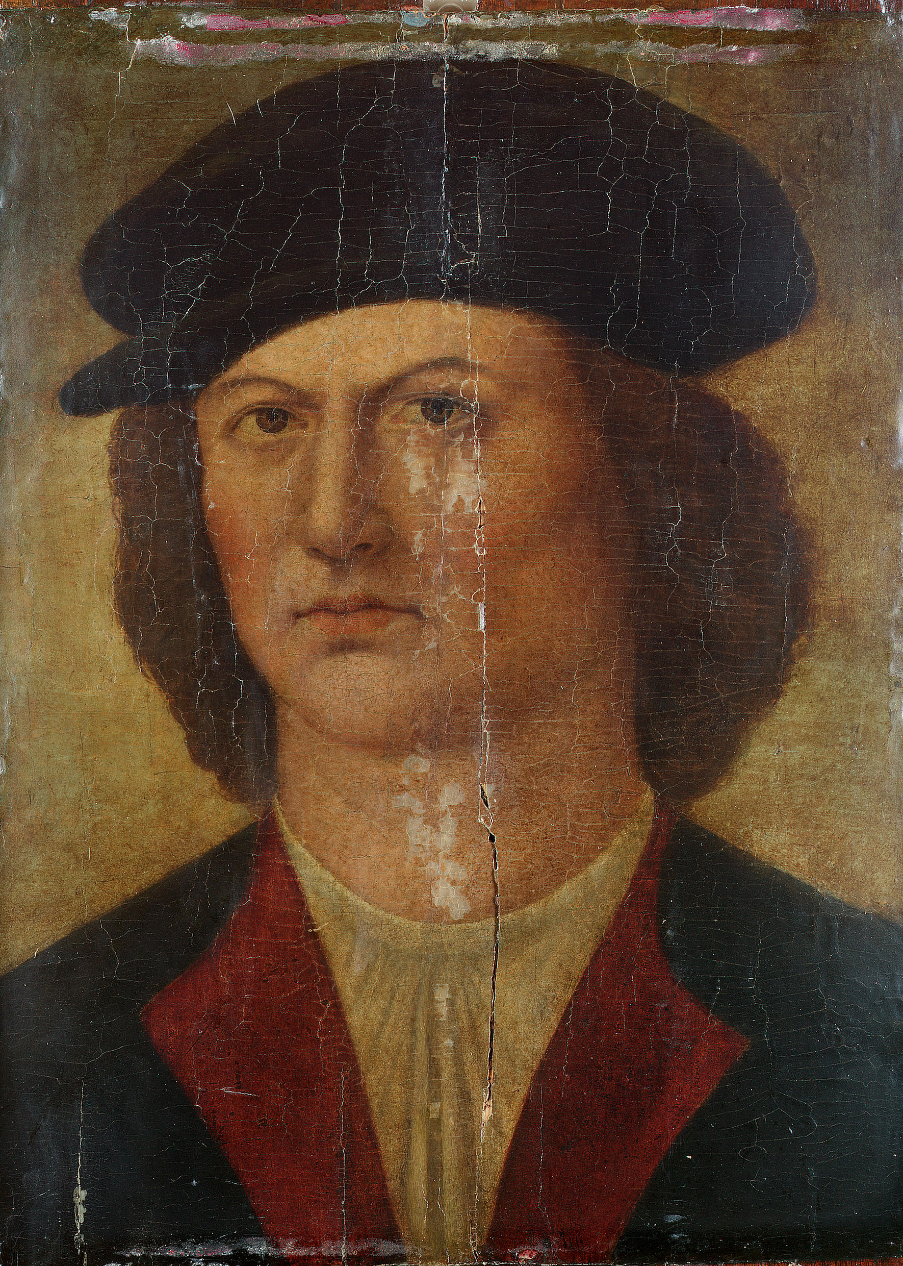 9 Circle of Andrea Previtali, called Cordeliaghi (Berbenno 1470-1528 Bergamo) Portrait of a man, bust-length, in a black hat and a black and red coat.jpg