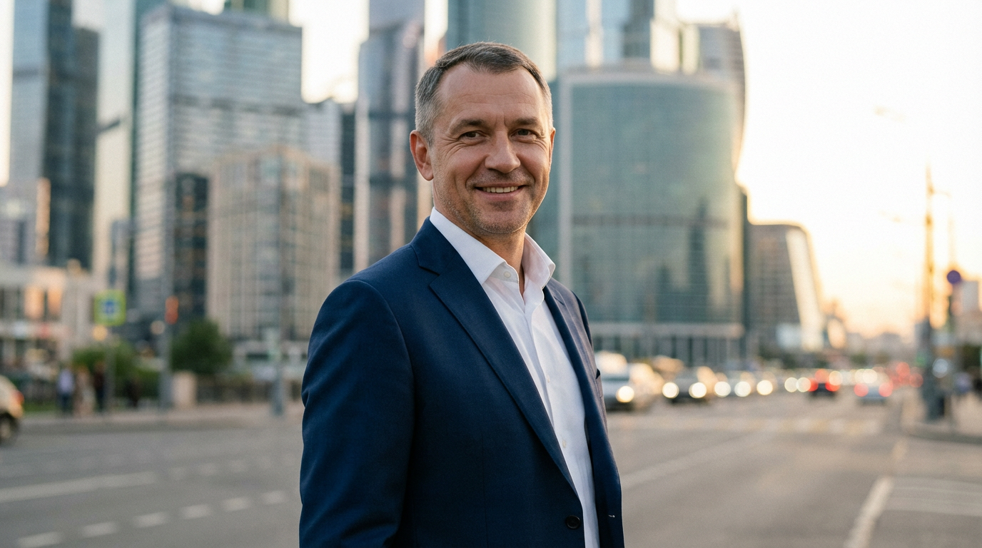 Евгений Козлов — портрет автора в деловом стиле с улыбкой на фоне городской панорамы