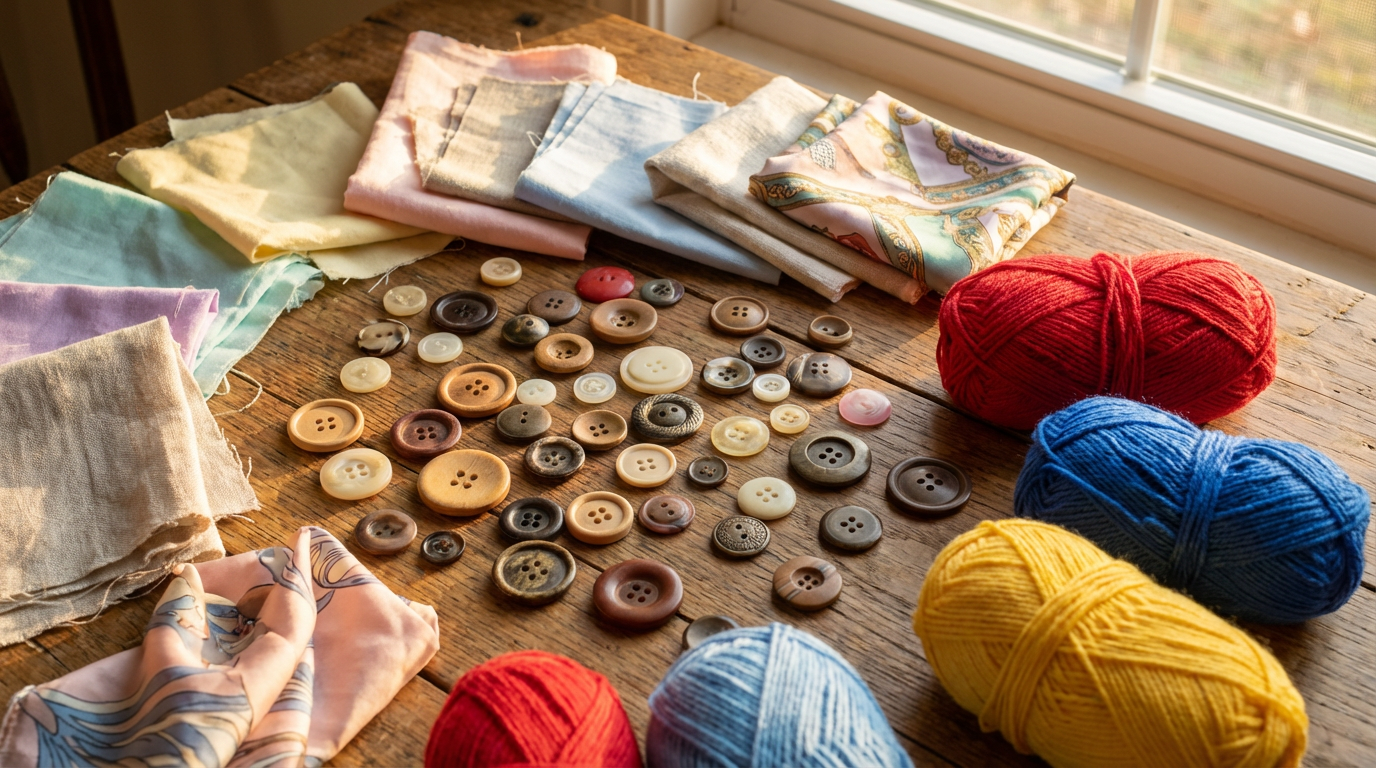 Подручные материалы для рукоделия: пуговицы, ткани и нитки