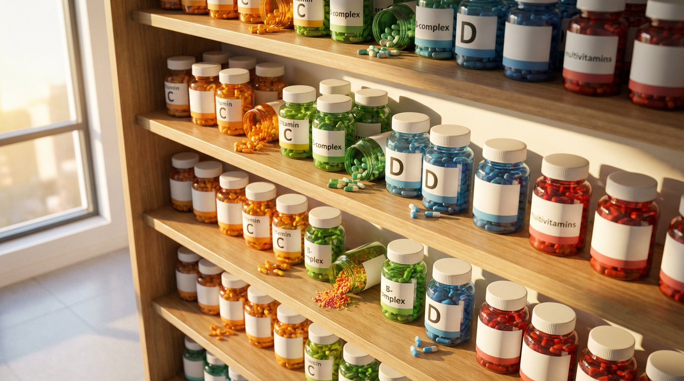 Ассортимент витаминных добавок в аптеке
