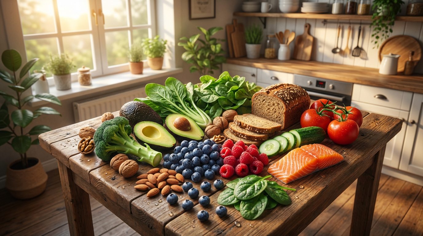 Иллюстрация витаминов и продуктов, полезных при диабете