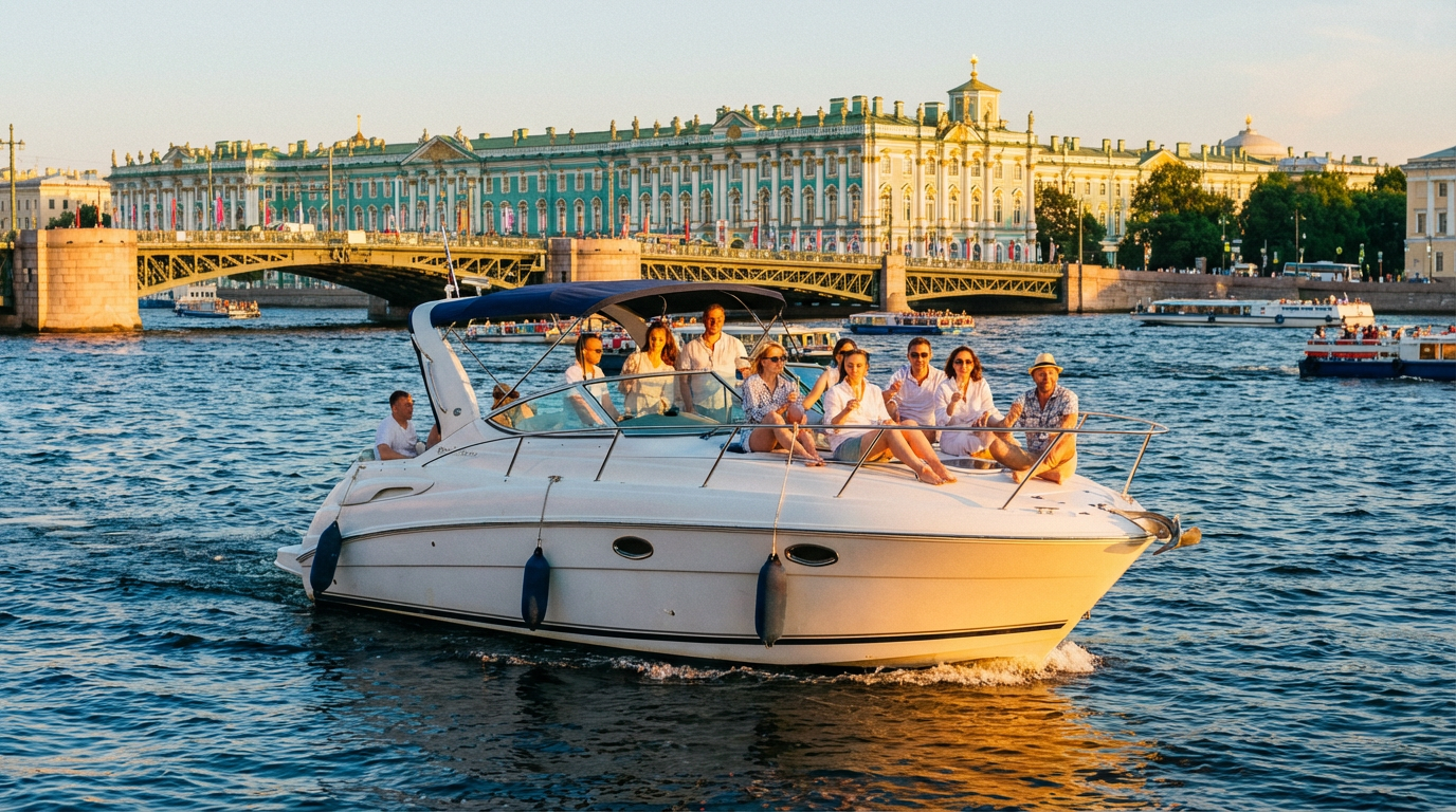 Группа людей на катере во время водного мероприятия в Санкт-Петербурге