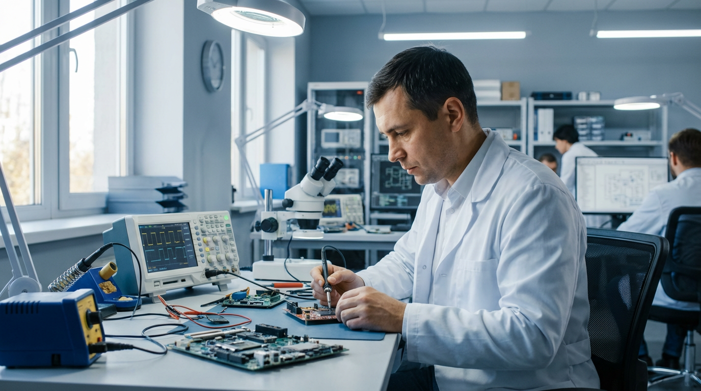 Дмитрий Соколов — фото инженера в лабораторной обстановке с элементами электроники