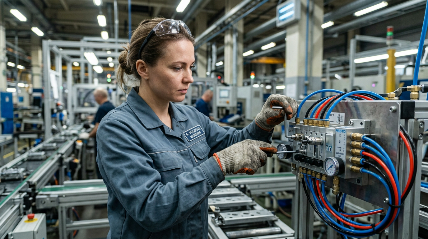 Инженер настраивает пневмораспределитель на промышленной линии