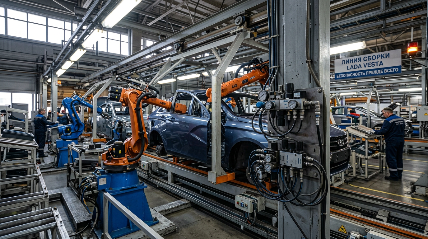 Конвейер на автозаводе в Тольятти с пневматическими распределителями