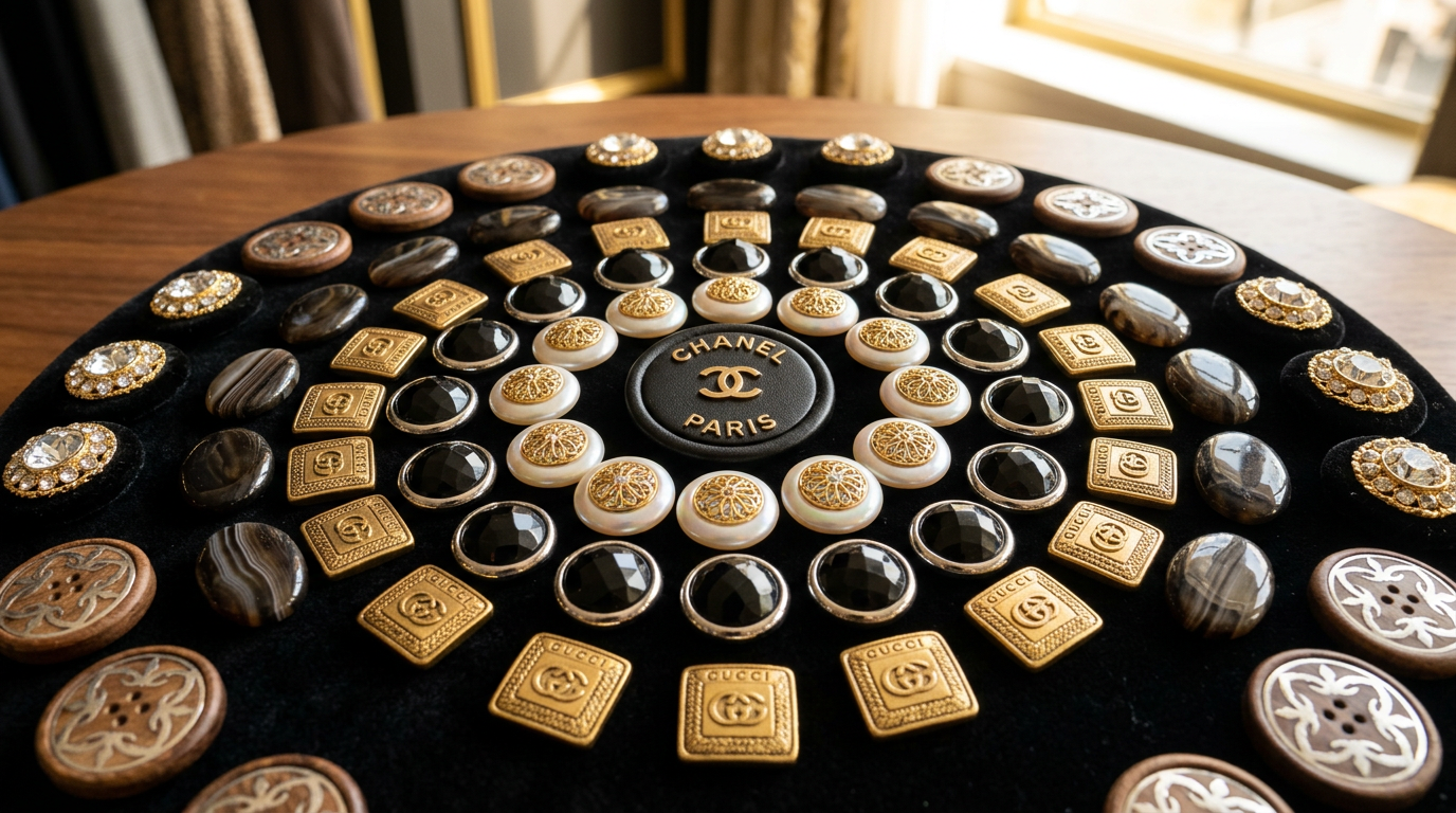 Разнообразие пуговиц в стиле люксовых брендов разных форм и материалов