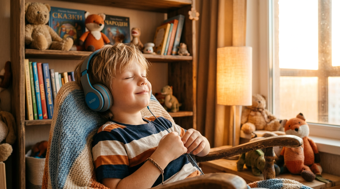 Ребенок слушает аудиосказку в наушниках на фоне уютной комнаты