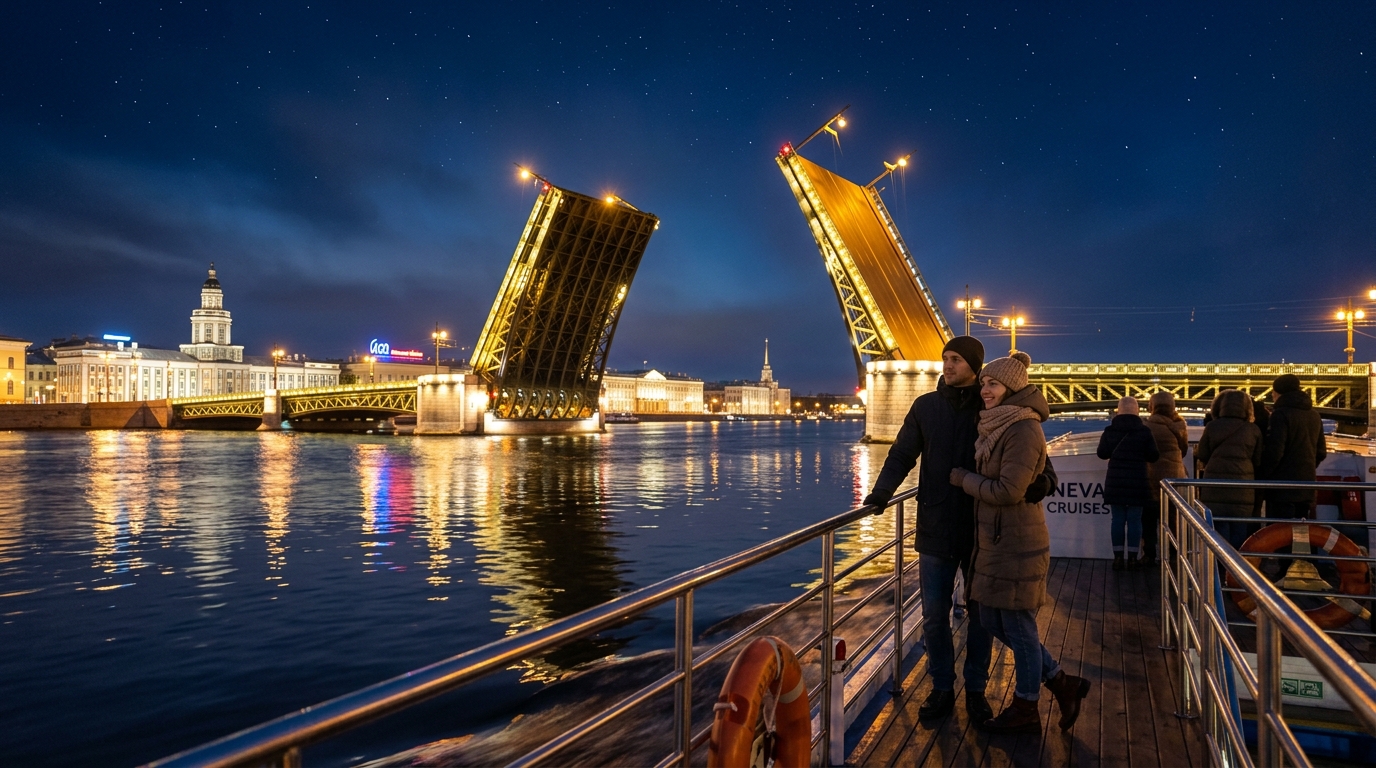 Развод мостов Невы во время круиза в комбинированном туре