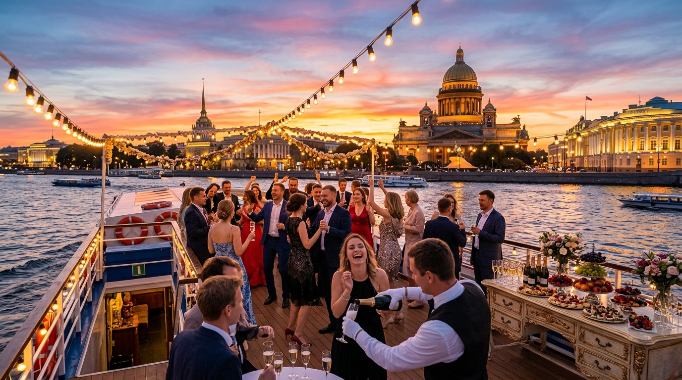 Вечерний праздник на арендованном теплоходе в Петербурге