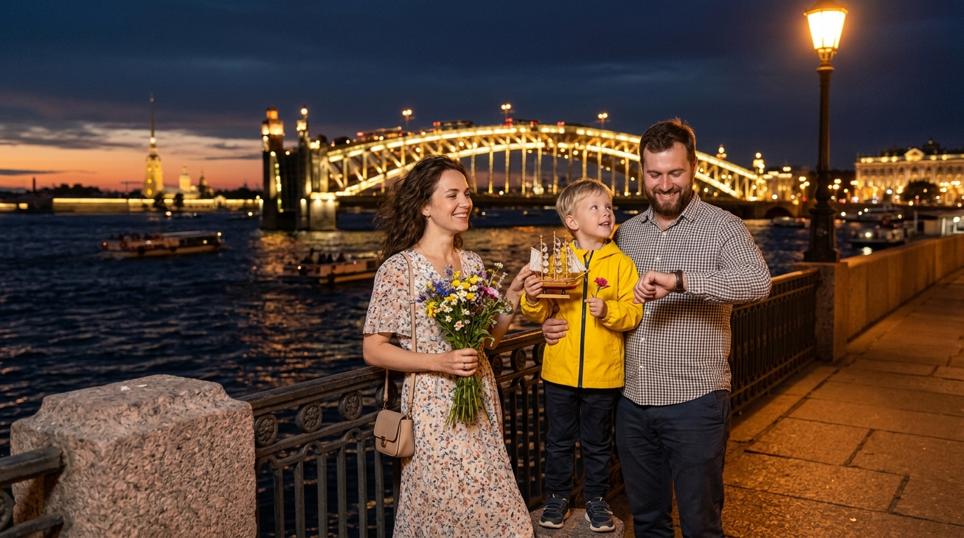 Семья с ребёнком готовится к разводу мостов в СПб