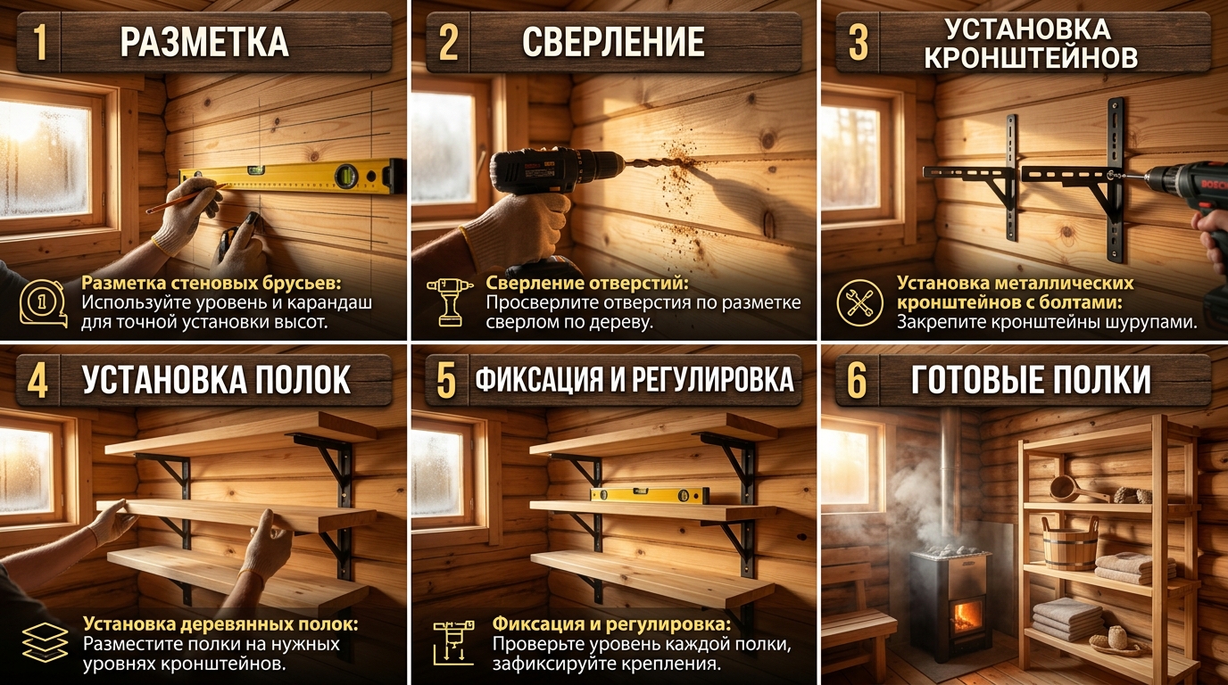 Пошаговый монтаж полок в бане с регулируемой высотой