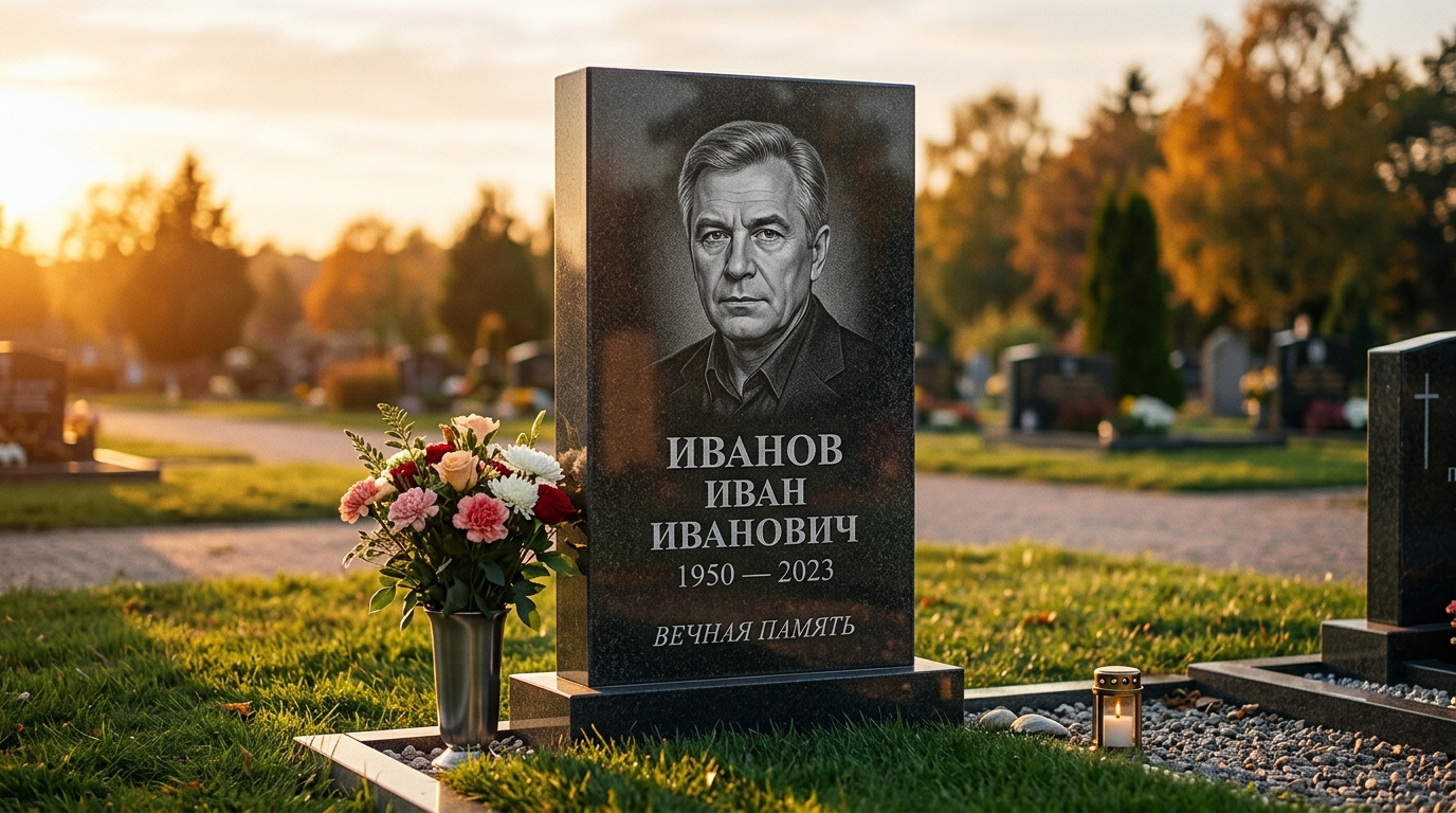 Вертикальный памятник на граните с портретом и надписью на могиле