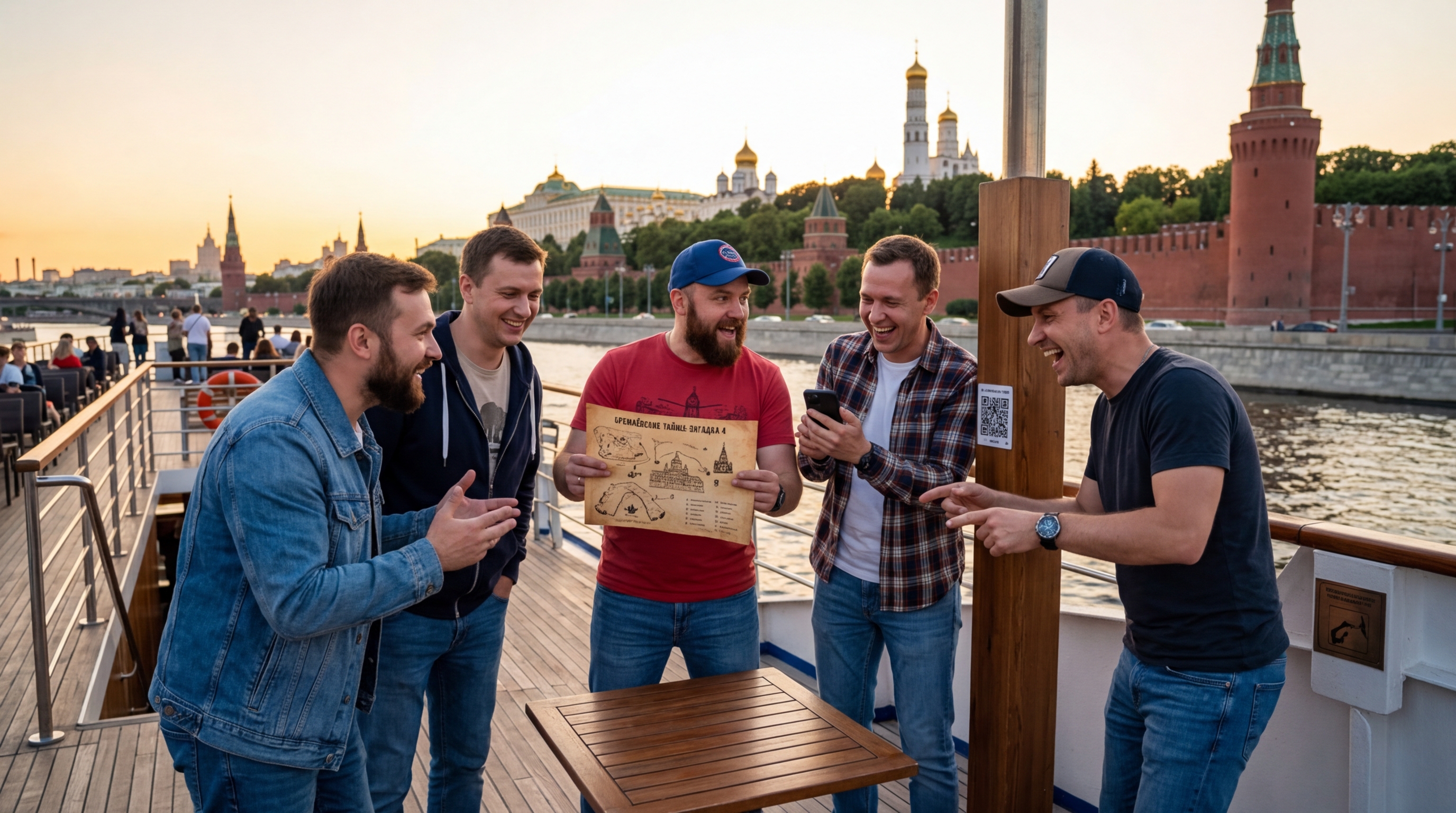 Мужская компания играет в квест на палубе теплохода у Кремля