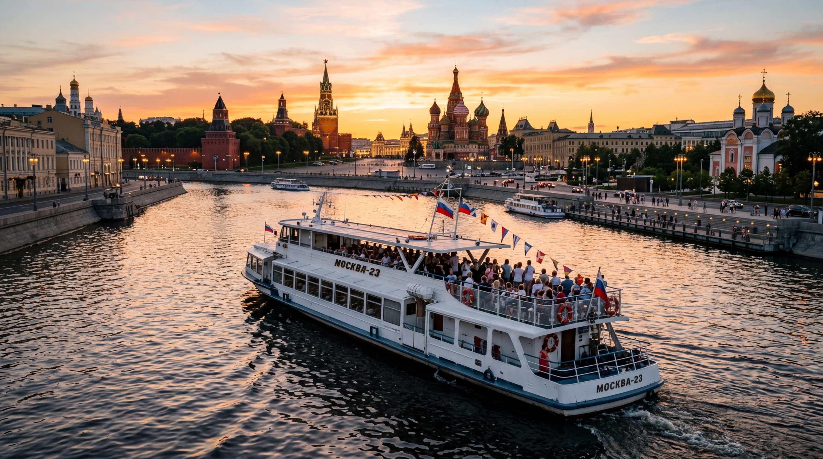 Теплоход плывет по Москве-реке с видом на Кремль и Красную площадь