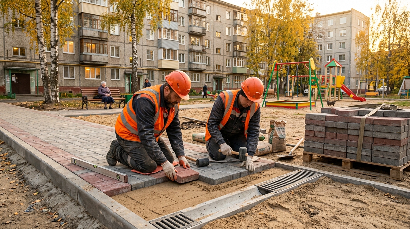 Укладка тротуарной плитки на пешеходной дорожке в российском дворе с дренажом
