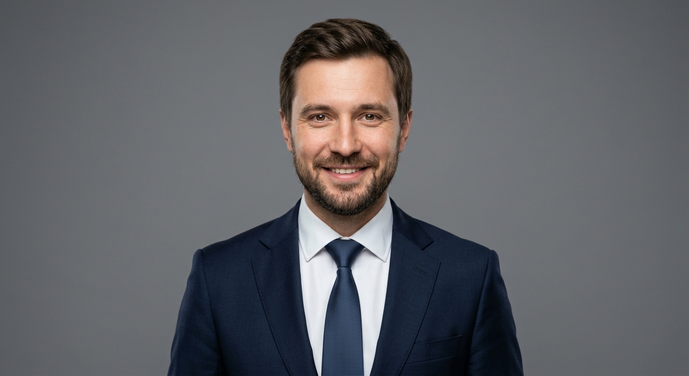 Реалистичный профессиональный портрет (лицо). Человек: Алексей Иванов. Деловой стиль, студийный свет, нейтральный фон. СТРОГО БЕЗ текста, БЕЗ надписей, БЕЗ букв, БЕЗ логотипов и брендов на фоне или одежде.