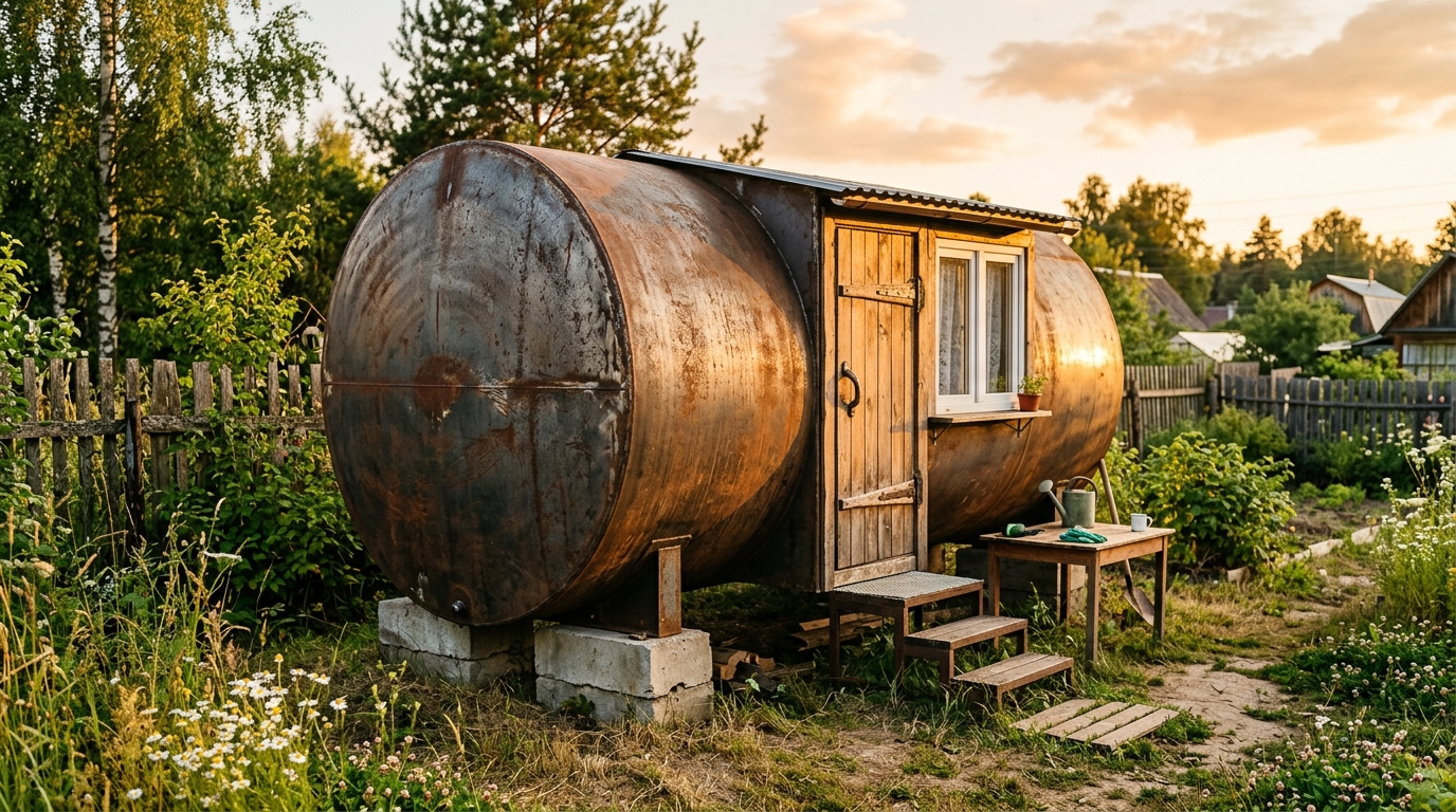 Бытовка из металлической трубы на дачном участке с дверью и окном