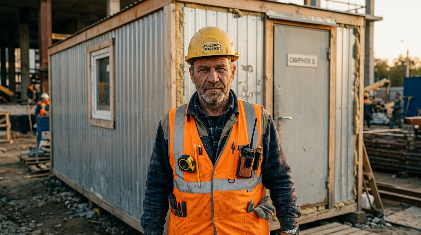 Виталий Смирнов — портрет эксперта-строителя в каске на фоне утепленной бытовки