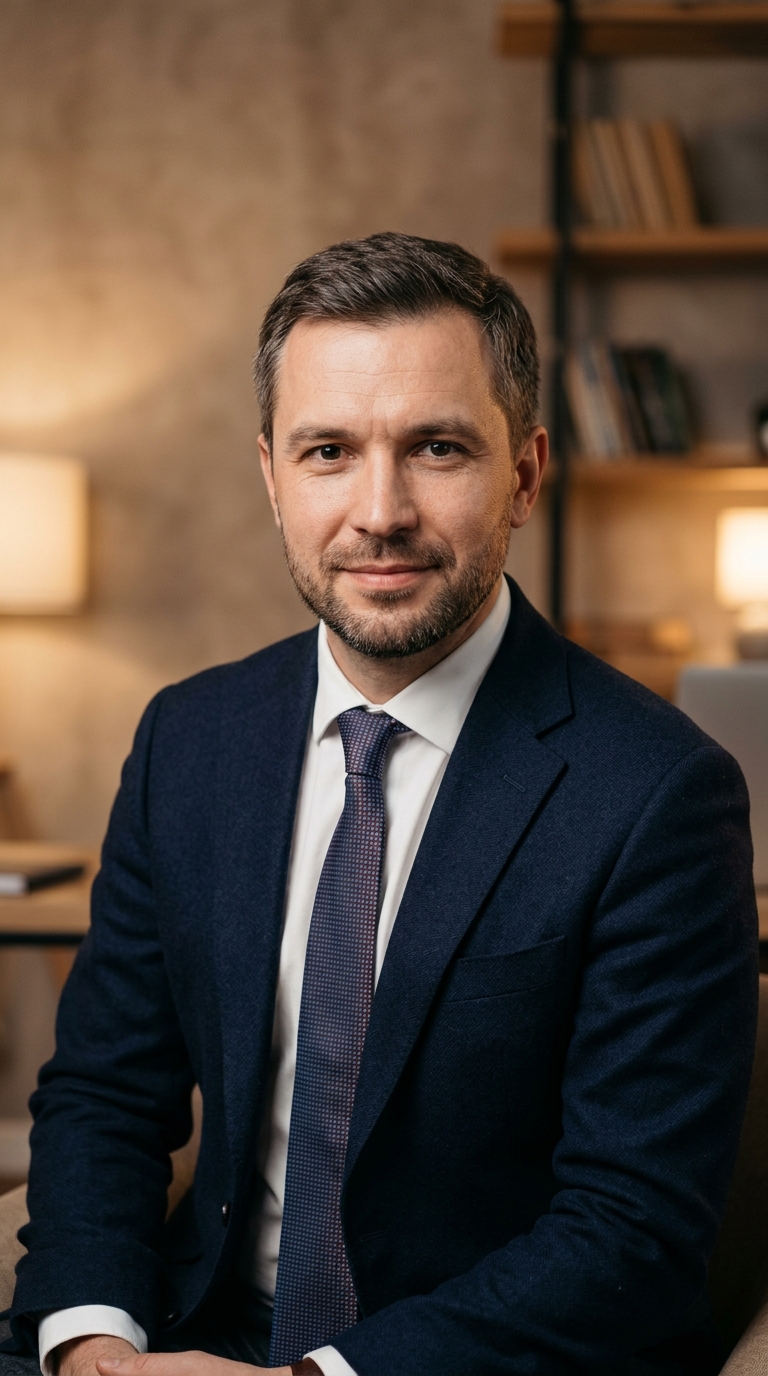 Реалистичный профессиональный портрет (лицо). Человек: Андрей Козлов. Деловой стиль, студийный свет, уютная обстановка.