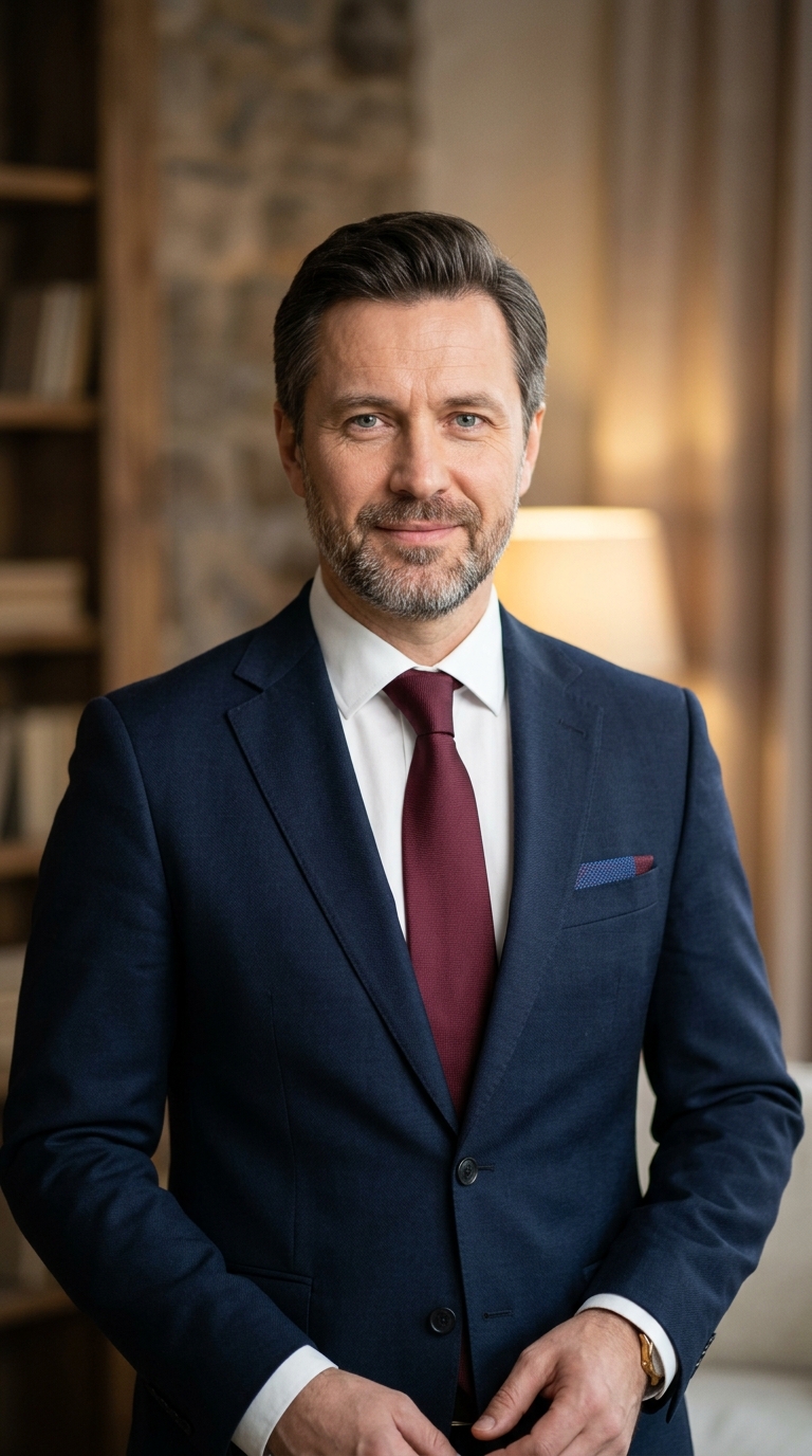 Реалистичный профессиональный портрет (лицо). Человек: Андрей Козлов. Деловой стиль, студийный свет, уютная обстановка.