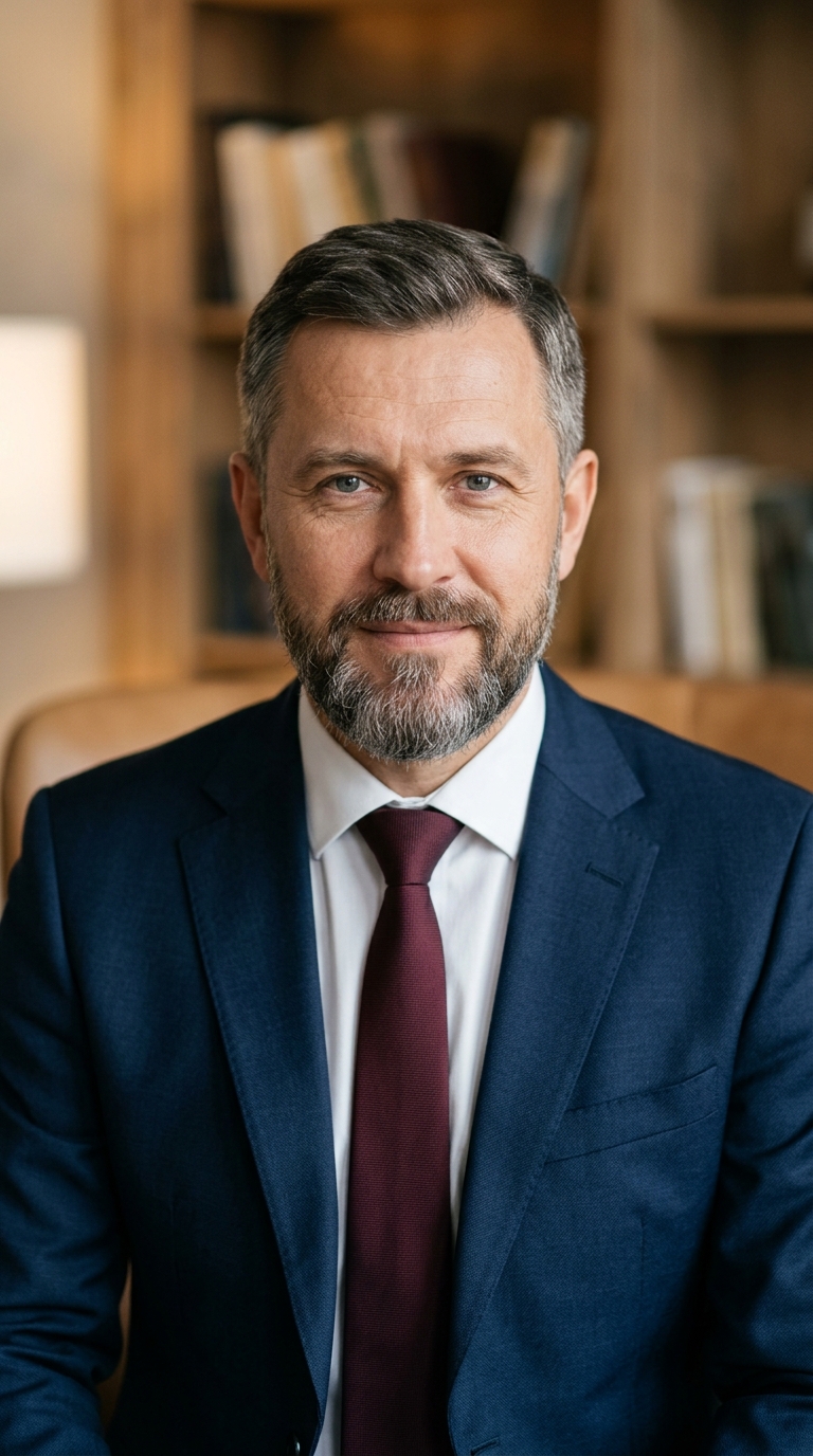 Реалистичный профессиональный портрет (лицо). Человек: Андрей Котов. Деловой стиль, студийный свет, уютная обстановка.