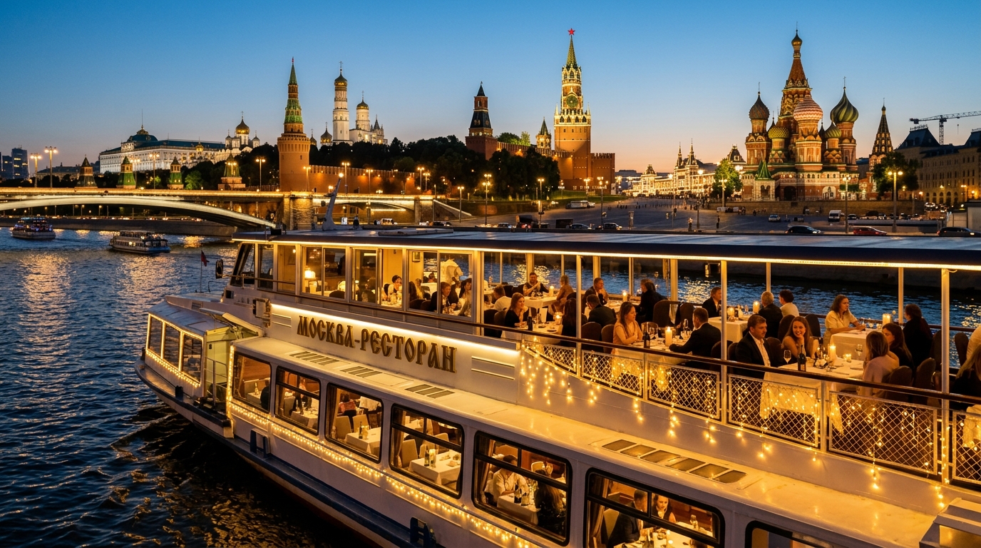 Теплоход с рестораном плывет по Москве-реке на фоне освещенного Кремля вечером