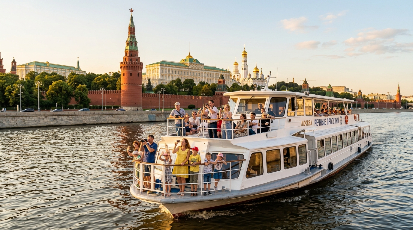 Теплоход на Москве-реке с видом на Кремль и туристами на борту