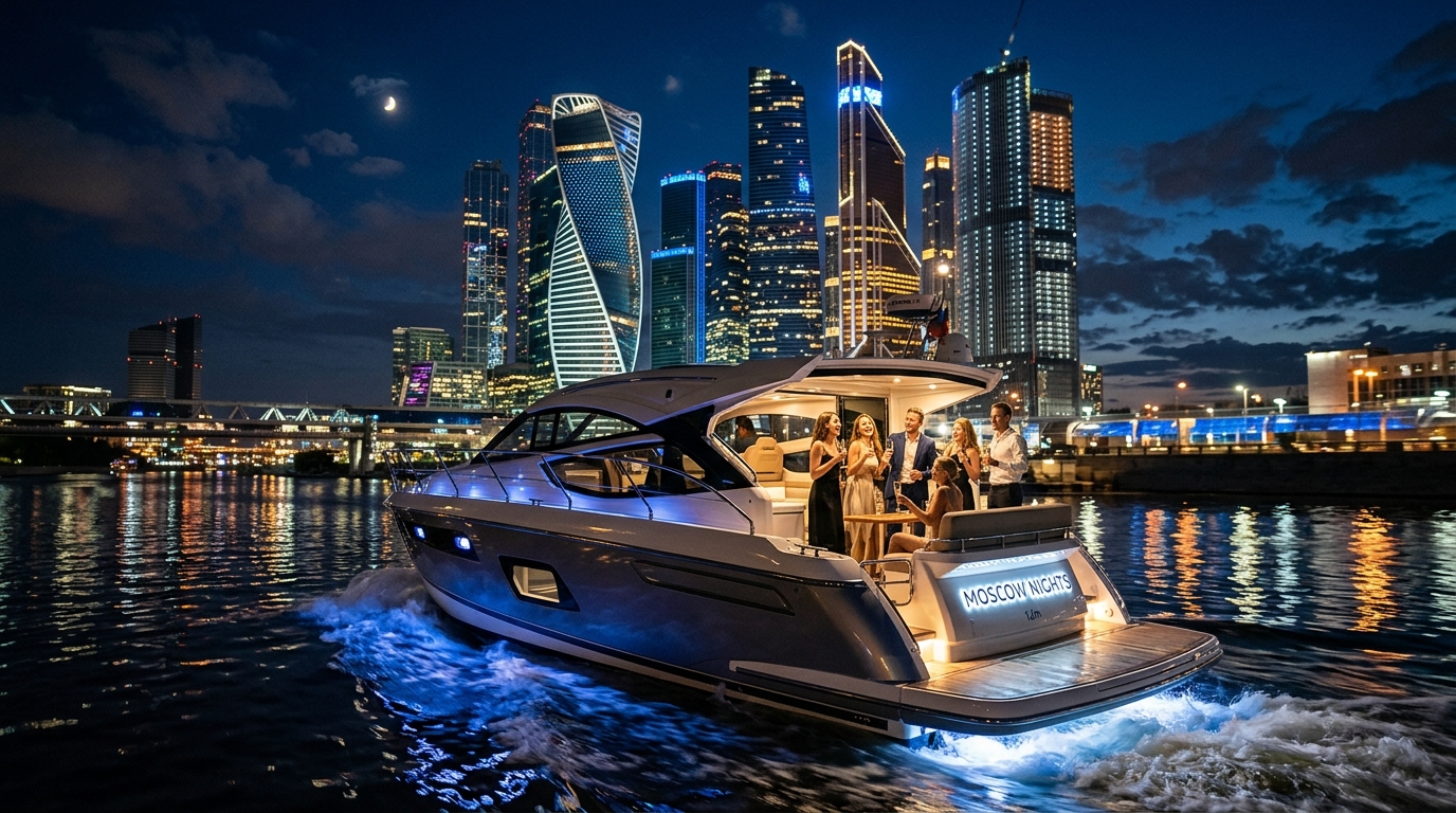 Ночной катер у освещенного Москва-Сити на речной экскурсии