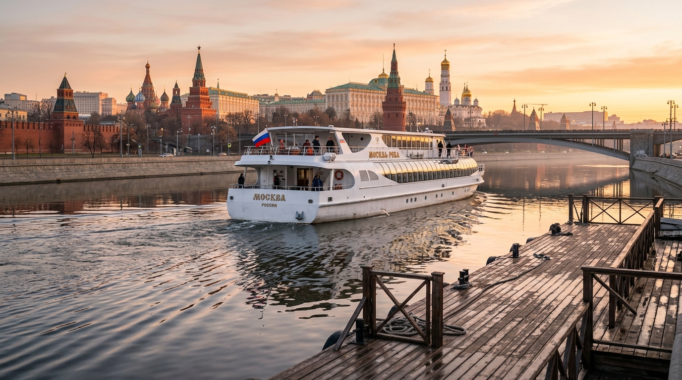 Теплоход отходит от причала на фоне Кремля в начале навигационного сезона