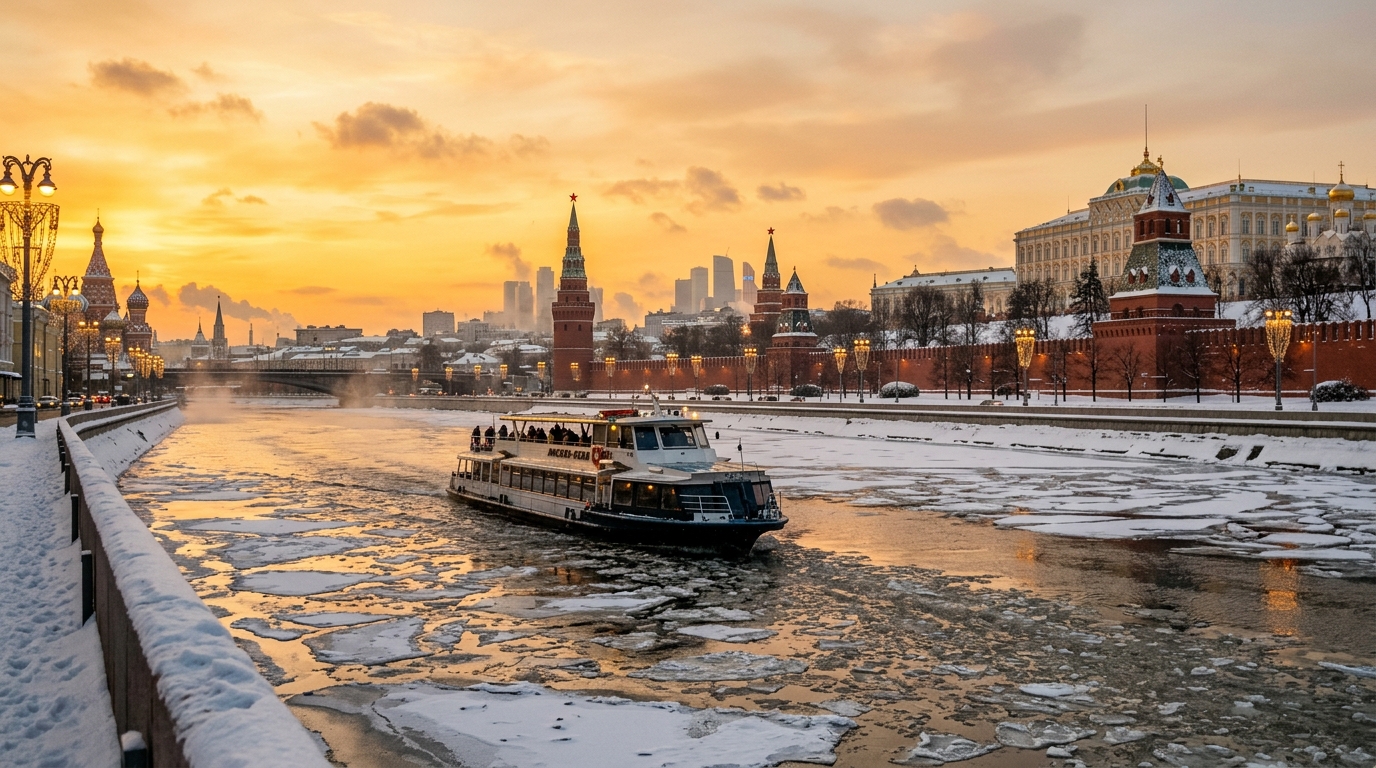 Зимний катер плывет по Москве-реке мимо заснеженных набережных и Кремля