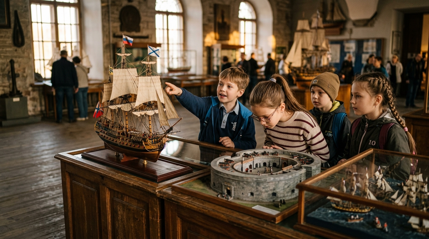 Дети в музее Кронштадта осматривают модели кораблей и фортов