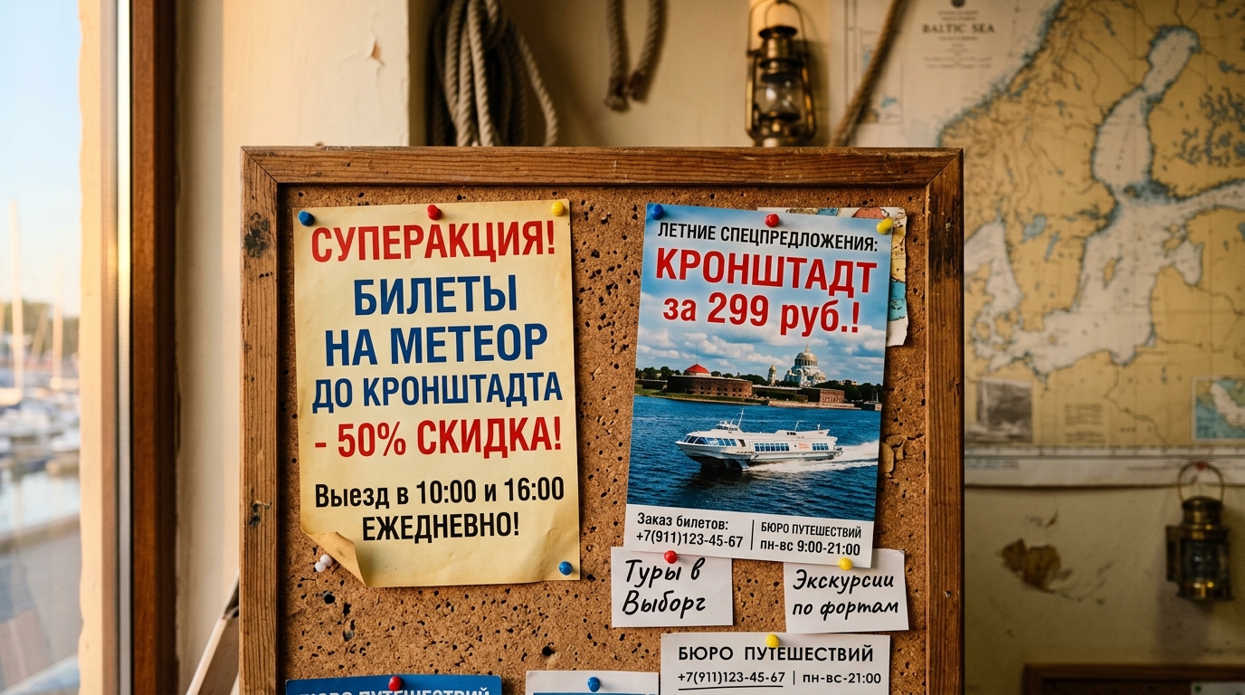 Доска объявлений с акциями на билеты метеора до Кронштадта