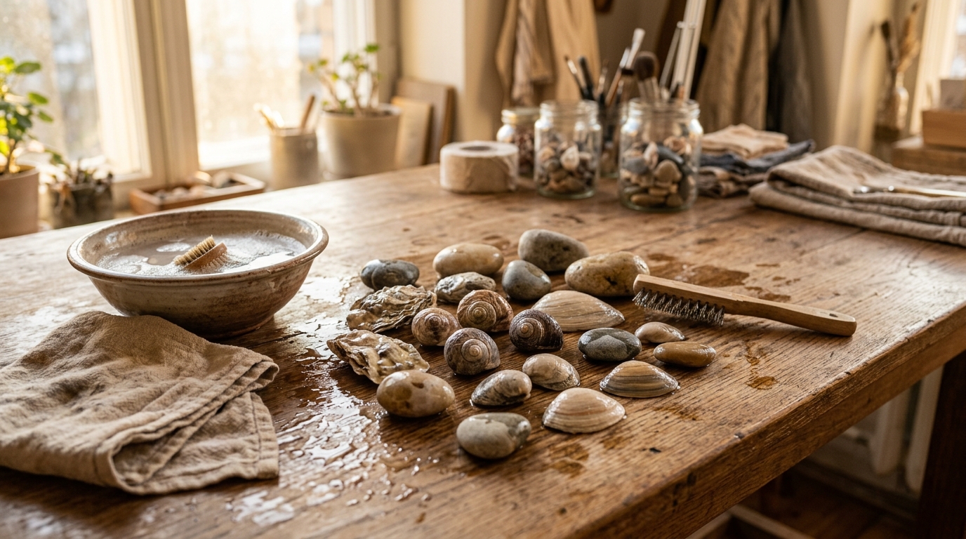 Подготовка ракушек и камней из Кронштадта для рукоделия: промывка и сушка на столе