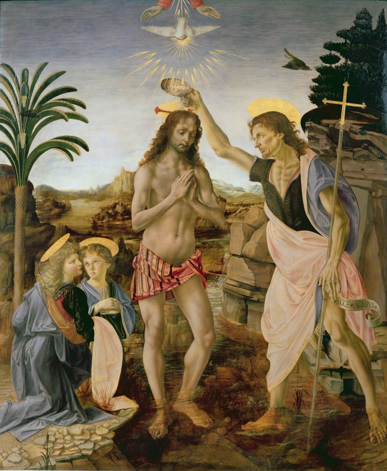 38Крещение Господне (Baptism of Christ ) (совм с Леонардо да Винчи, два ангела слева)_ок.1475-80_180 х 152_д., м. и т._Флоренция, Галерея Уффици.jpg