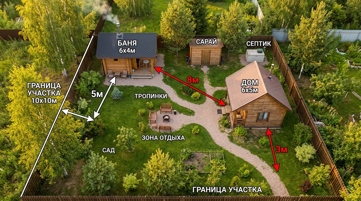 Схема размещения бани на дачном участке с учетом норм СНиП