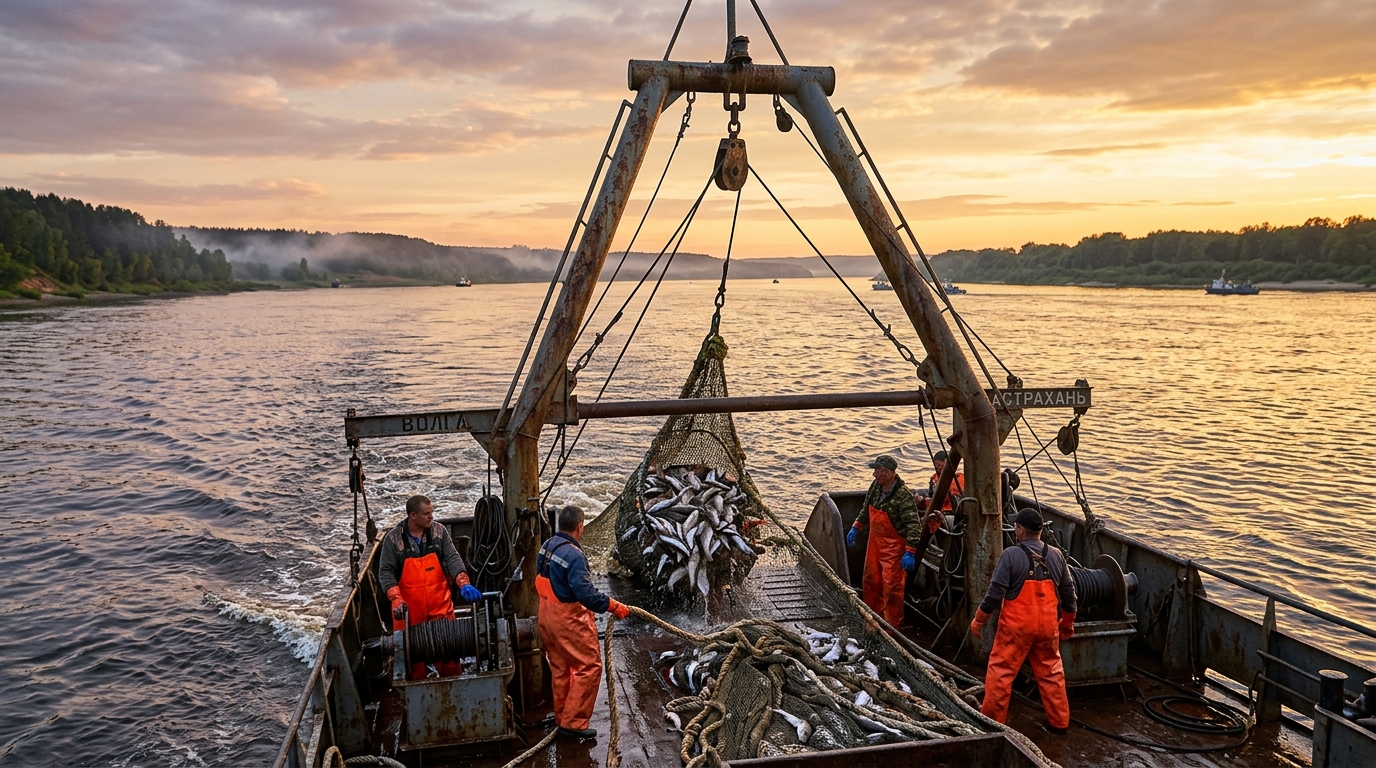 Мачта Джильсона на рыболовном трале в рабочем положении на реке
