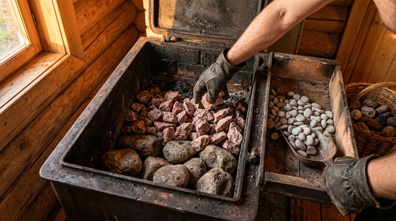 Пошаговая укладка камней в топку банной печи слоями разной фракции