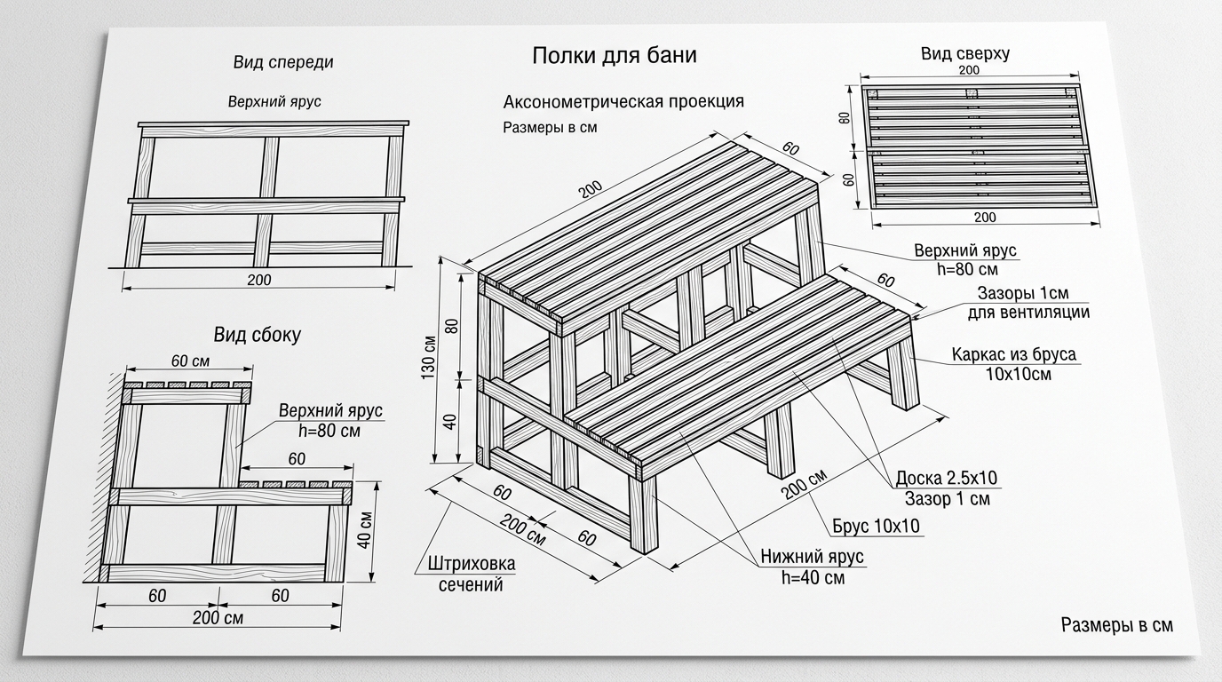 Схематичный чертеж двухъярусных полок для бани: каркас из бруса, ламели из досок, размеры в сантиметрах